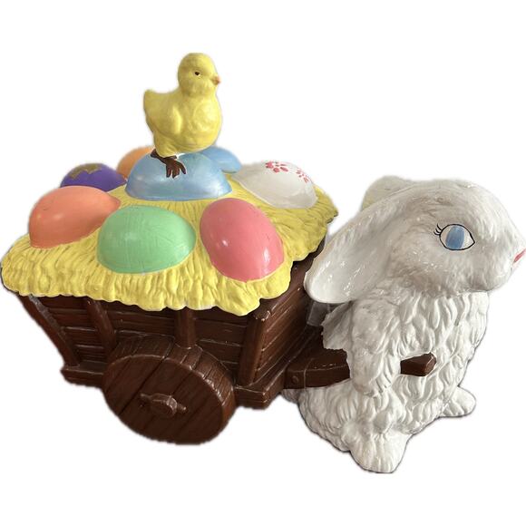 Vintage Mole Ceramic Easter Bunny Pulling Wagon of Eggs Candy Dish Table Decor - Picture 1 of 7